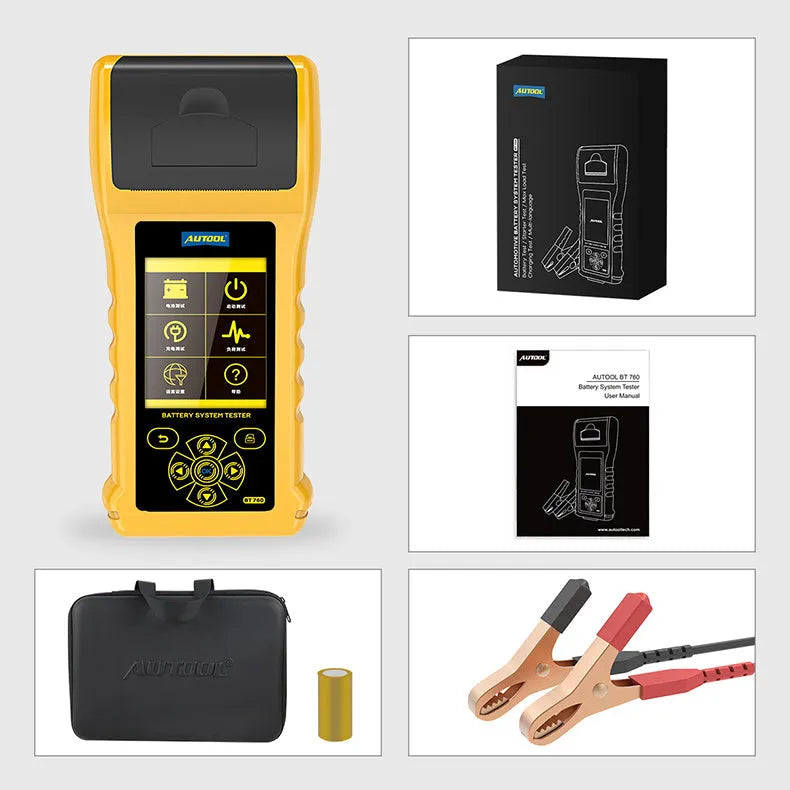 Autool BT760 vehicle battery tester with colour screen, thermal printer, and battery clip cables.
