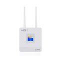 White LTE router for home office with two external black antennae connected, placed on a desk.