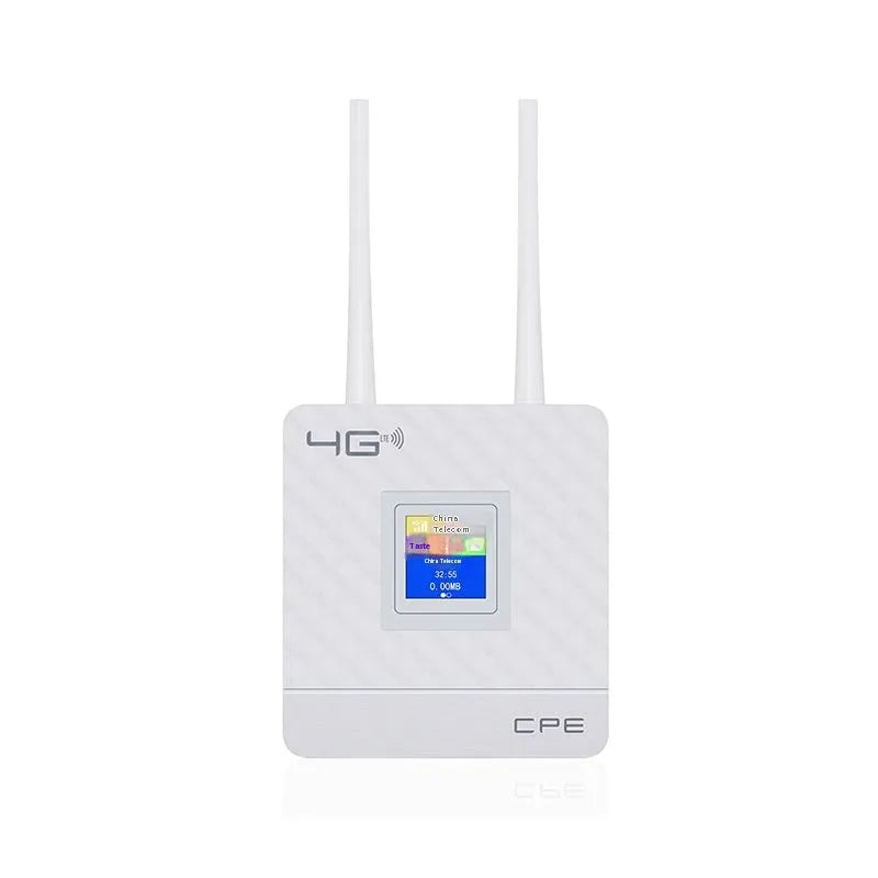 White LTE router for home office with two external black antennae connected, placed on a desk.