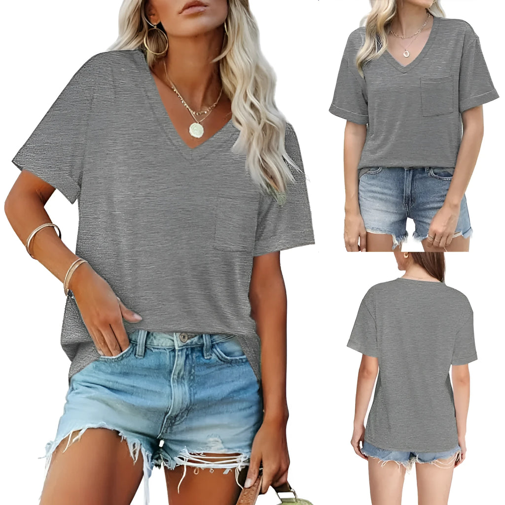 Grey loose fit V-neck short sleeve t-shirt with a chest pocket on a hanger.