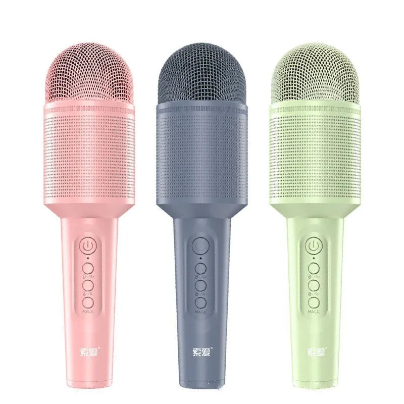 Wireless Bluetooth karaoke microphone in pink, blue, and green colour options with USB connection