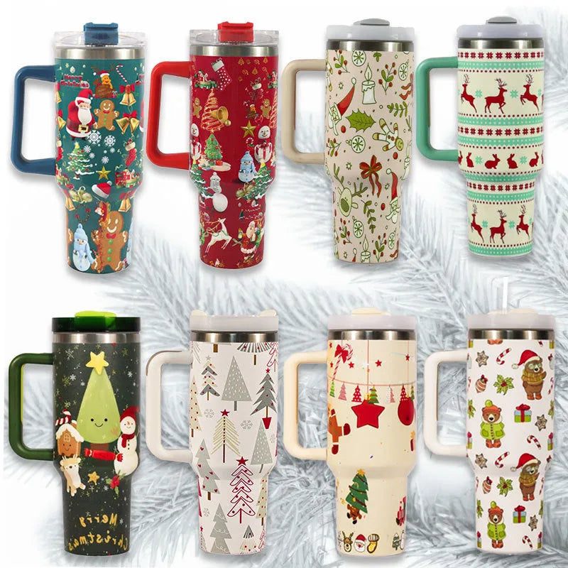Red Christmas pattern stainless steel travel tumbler with handle and straw