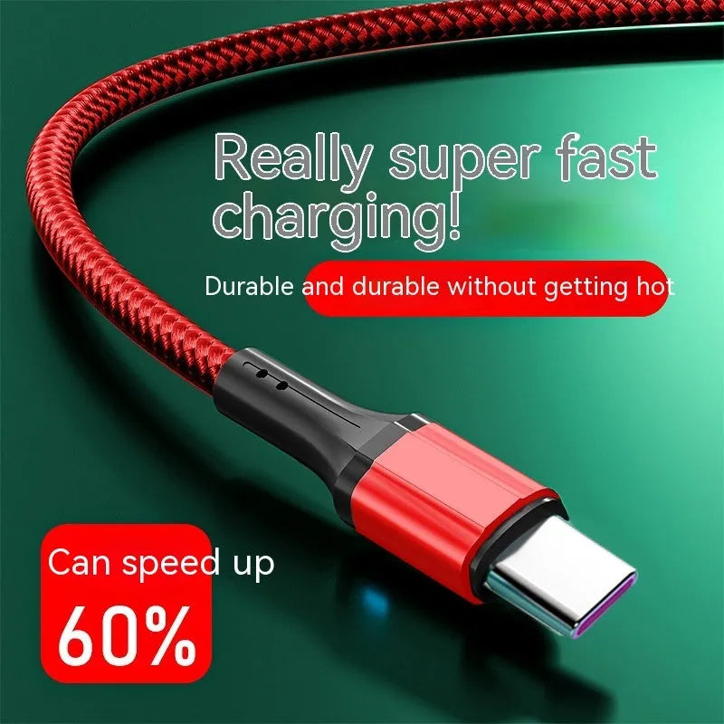 Woven nylon braided Type-C USB charging cable in black colour showing connector detail