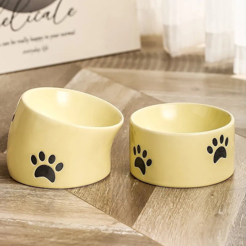 Ceramic cat bowl with neck protection design and cat's paw pattern in selected colour