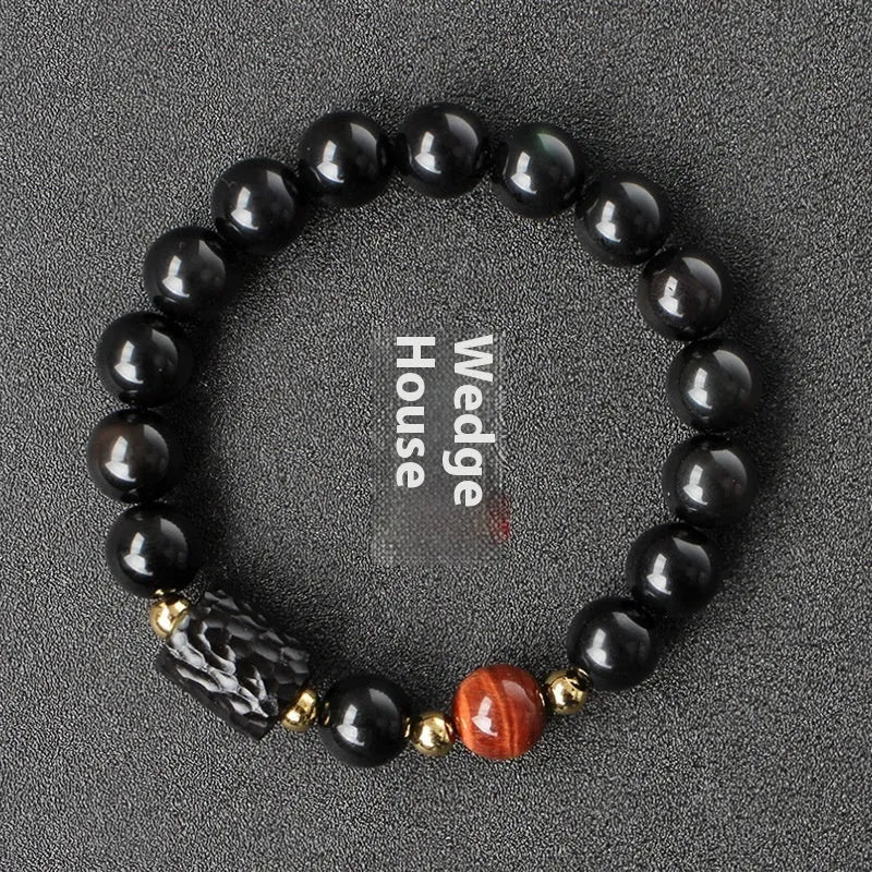 Obsidian bracelet with 10mm red tiger eye beads, unisex retro design featuring circle elements