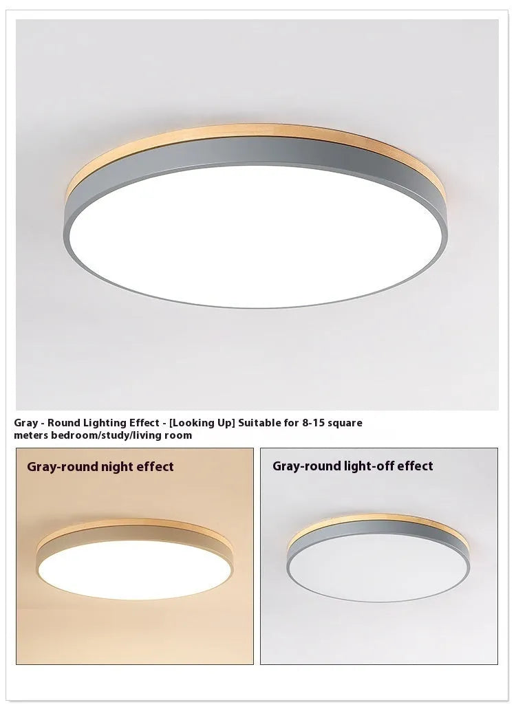 Round Nordic style LED ceiling lamp with solid wood and iron frame in white finish