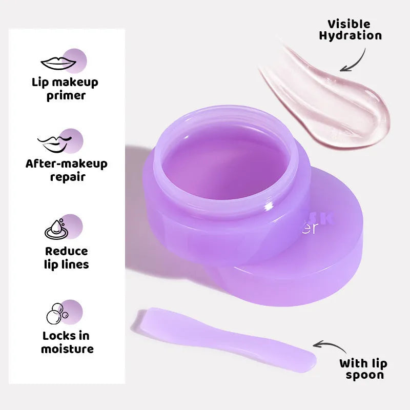 Box containing exfoliating lip balm, a lip film, and a scraper tool for lip care.