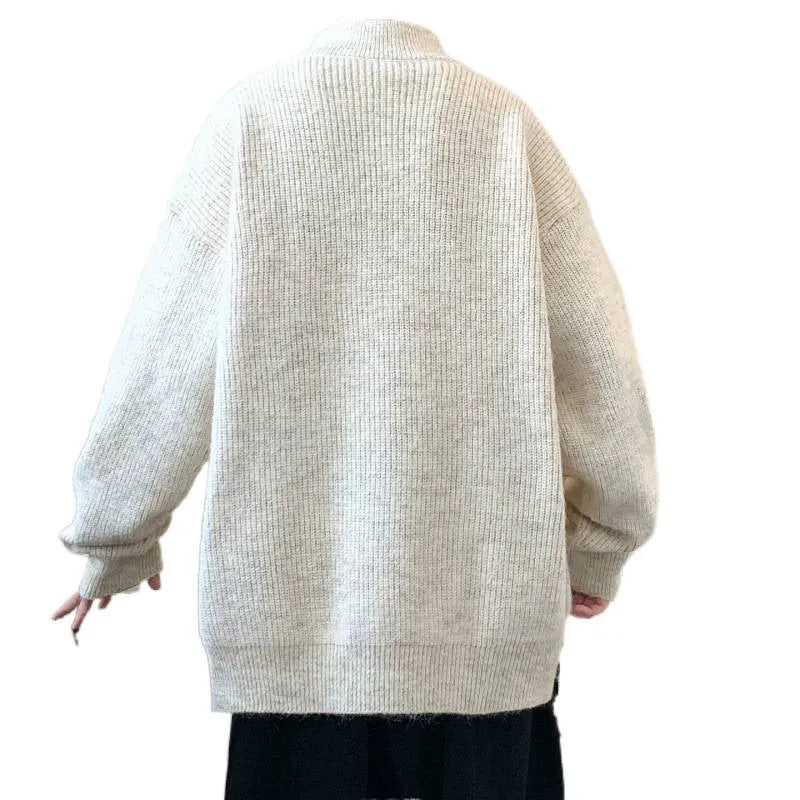 Men's casual stand collar cardigan sweater in Vinylon, beige colour, front view on hanger