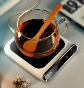 Black USB-powered cup warmer with tempered glass surface showing three temperature control settings