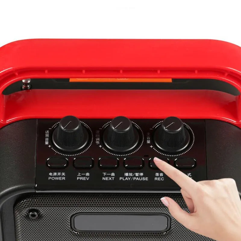 MS62AI portable Bluetooth speaker with wireless microphone, measuring 241x145x329mm.
