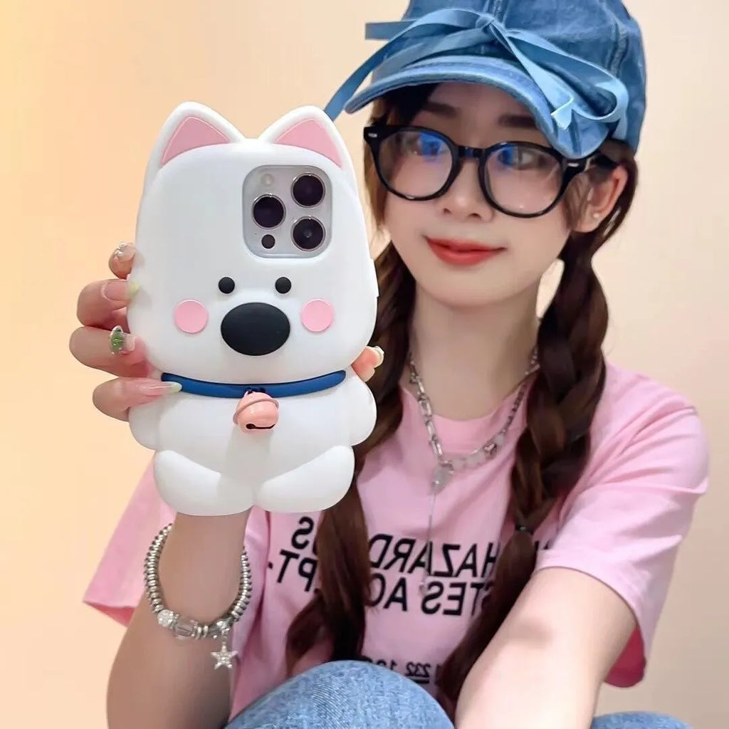 Pink silicone phone case with cartoon cute bell little white dog design for iPhone 12 13 14 15