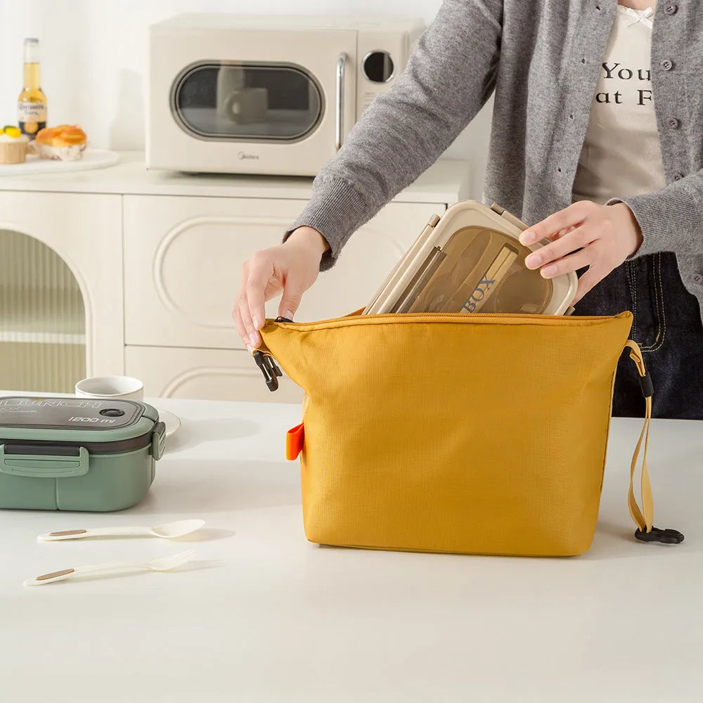 Insulated Japanese-style lunch bag in Army Green Oxford cloth showing size and opening.