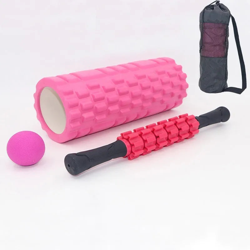 Black six-piece fitness foam massage roller stick, 33 cm long on a white background.