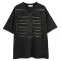 Man modelling a black loose-fit cotton short sleeve top with a white skull and letter graphic print.