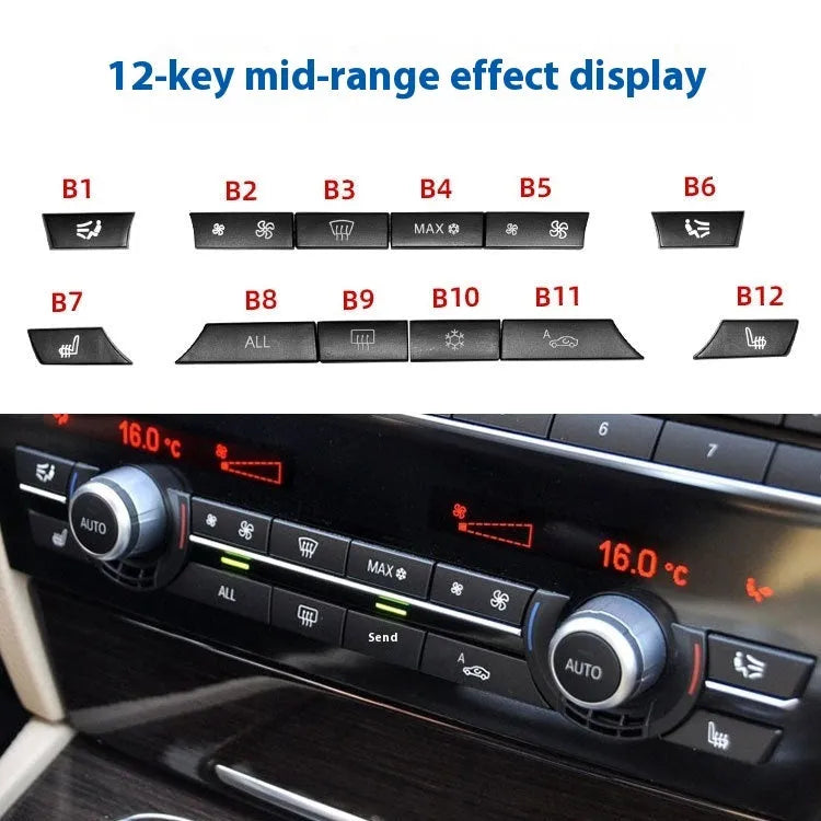 BMW air conditioning panel button set in 11, 12, or 14 keys for F10 F07 F02 F18 F15 F16 models, made of ABS PC.