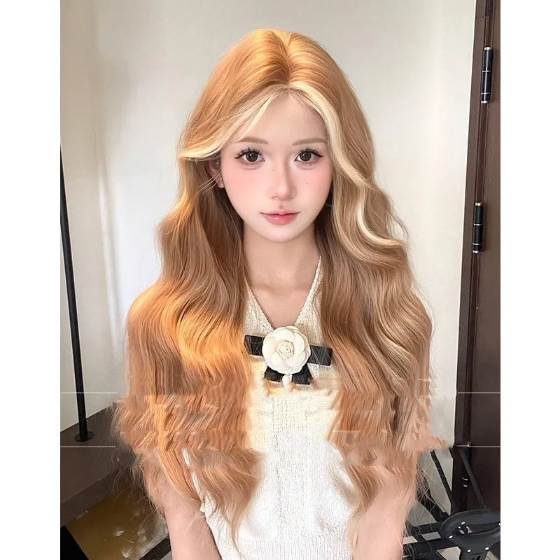 Ladies lace front long curly wig in American highlight gold colour