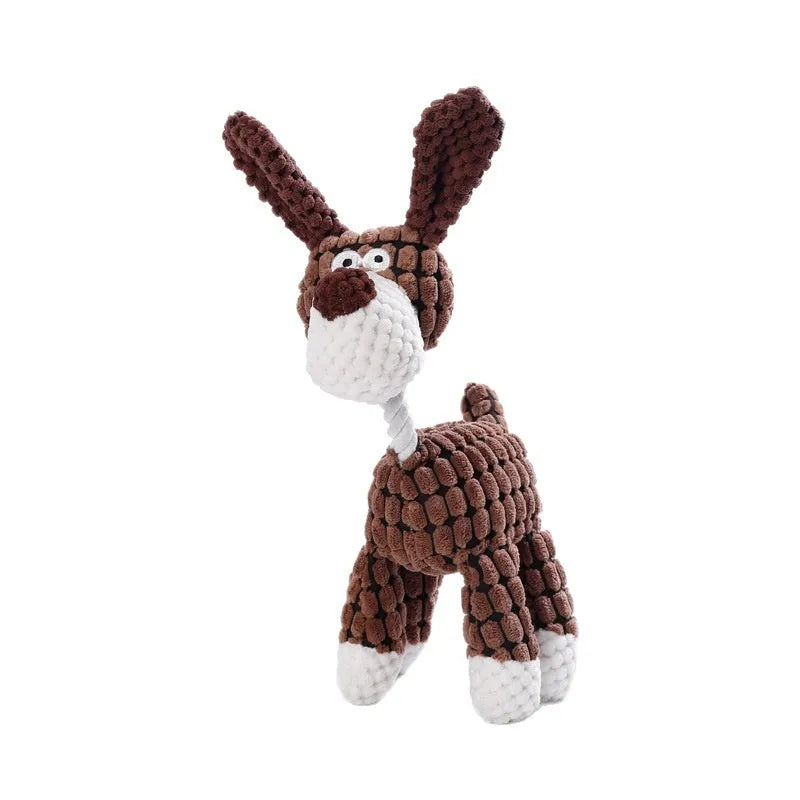 Bite-resistant plush puppy toy in donkey, rechargeable duck, and elephant styles on a neutral background.