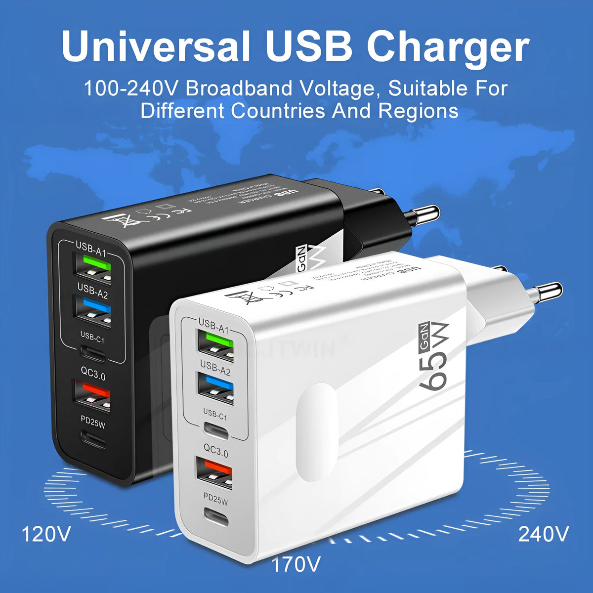 Fast charging Type-C PD three USB multi-port travel charger with EU UK US plug adapters in black