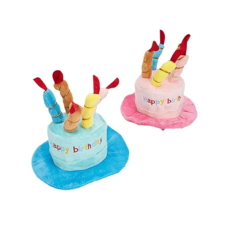 Blue or pink polyester dog birthday hat accessory measuring 21cm by 15cm by 6.5cm