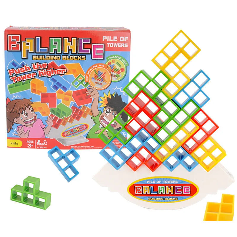 Plastic balance stacking game with colourful blocks on a chassis