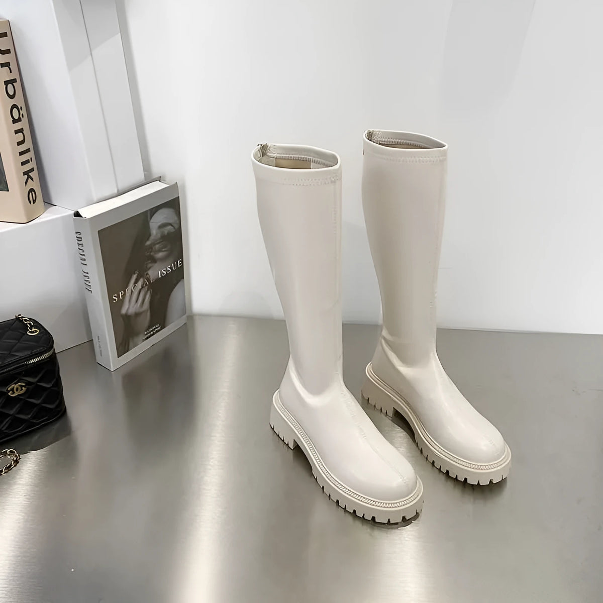 Warm thick soled Martin boots for women, PU upper, low heel, round toe, white khaki black grey, sizes 35-39