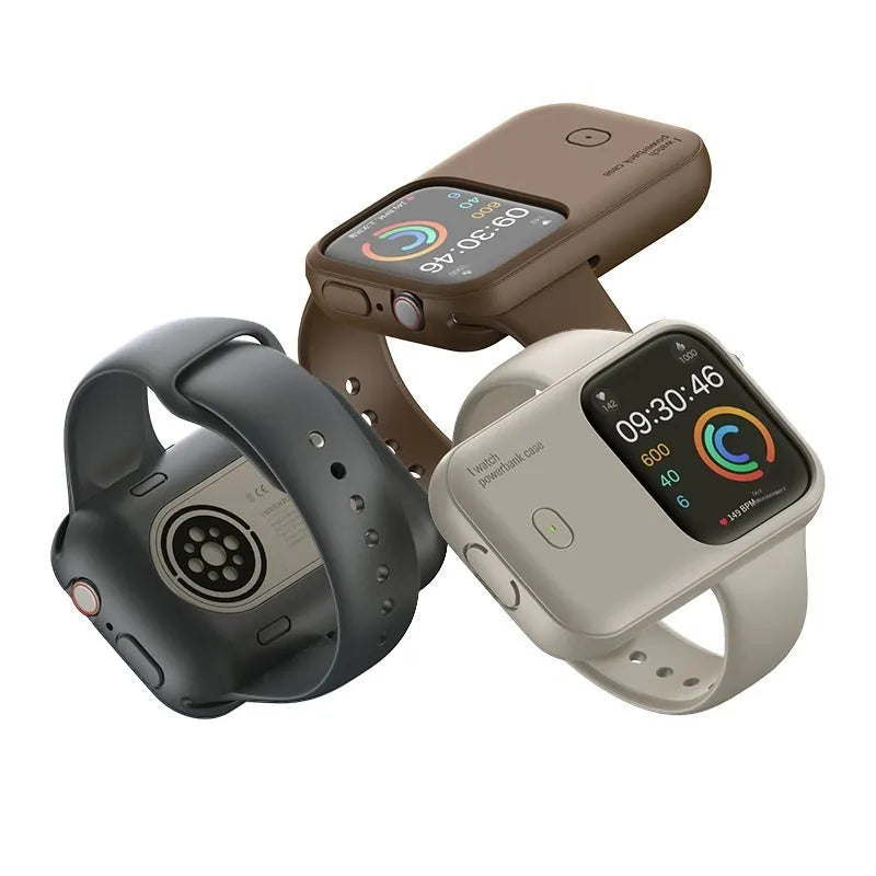 Apple Watch portable charging case with silicone protective case in Brown, Midnight Blue, and Starlight colours