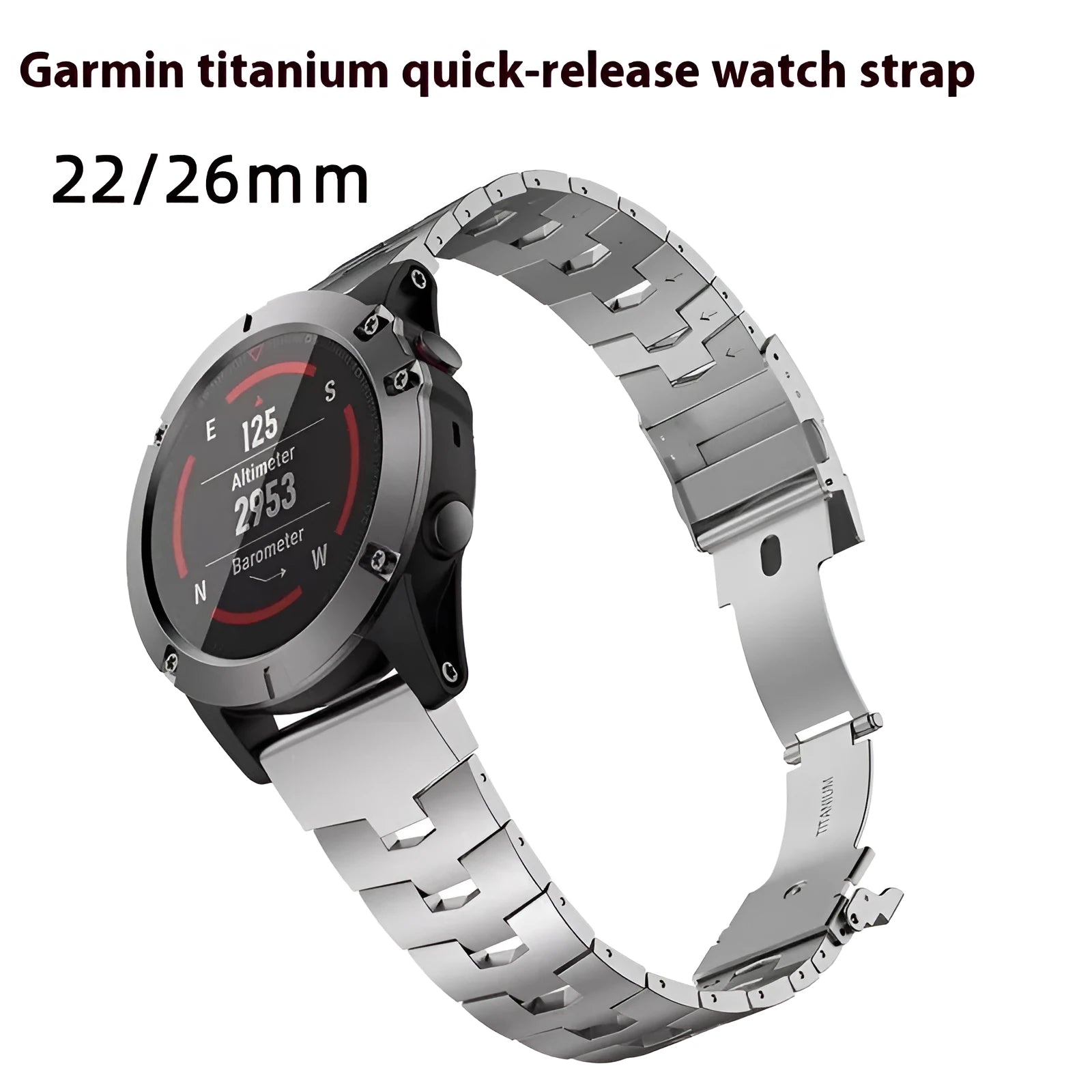 Garmin Fenix Jiaming compatible watch strap in silver, black, titanium colours with 22mm and 26mm width options