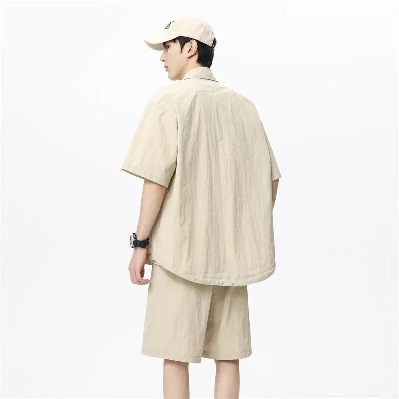 Men's casual two-piece set showing shirt and shorts in nylon blend fabric