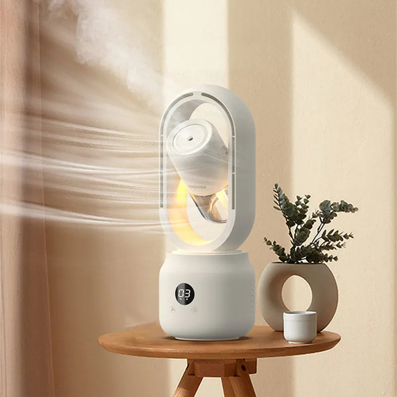 White bladeless table fan with humidifier tank on a wooden desk