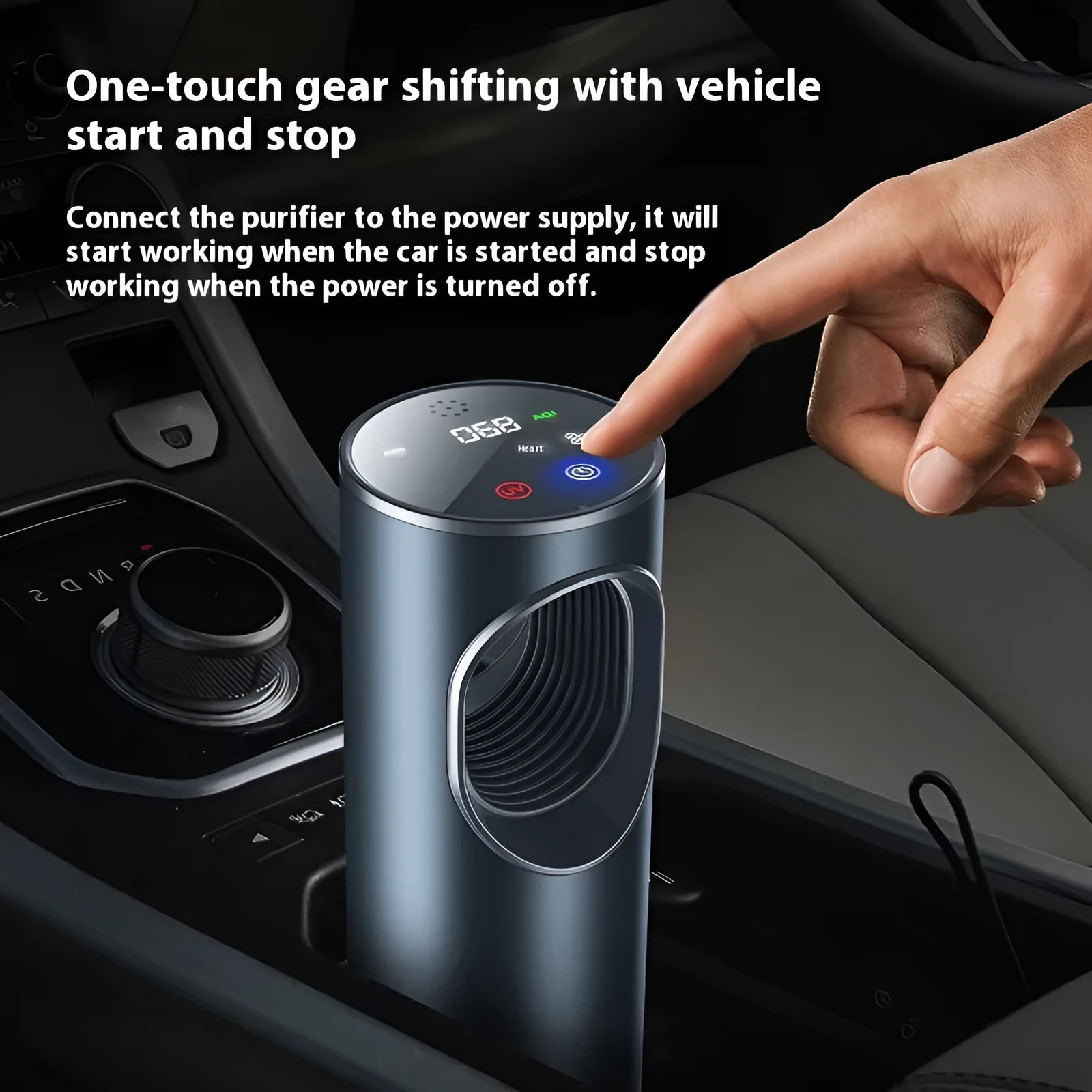 Black circular car air purifier with USB power cable for vehicle cabin air purification