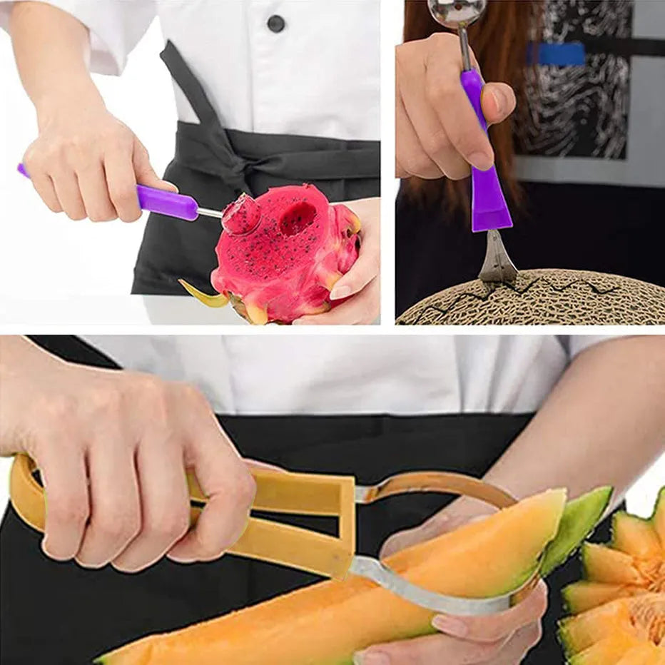 3-in-1 fruit carving knife set with melon baller, V-shaped carver, and scoop nested together on a kitchen counter