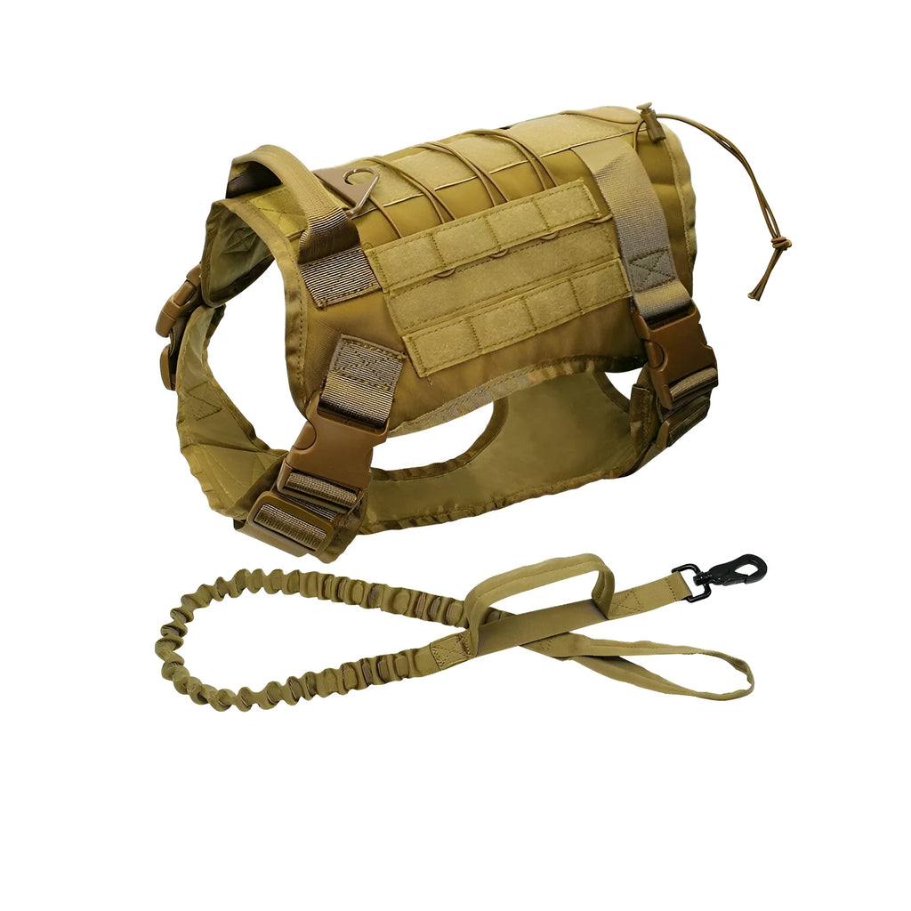 Tactical nylon dog vest with Molle webbing in khaki colour for large breeds