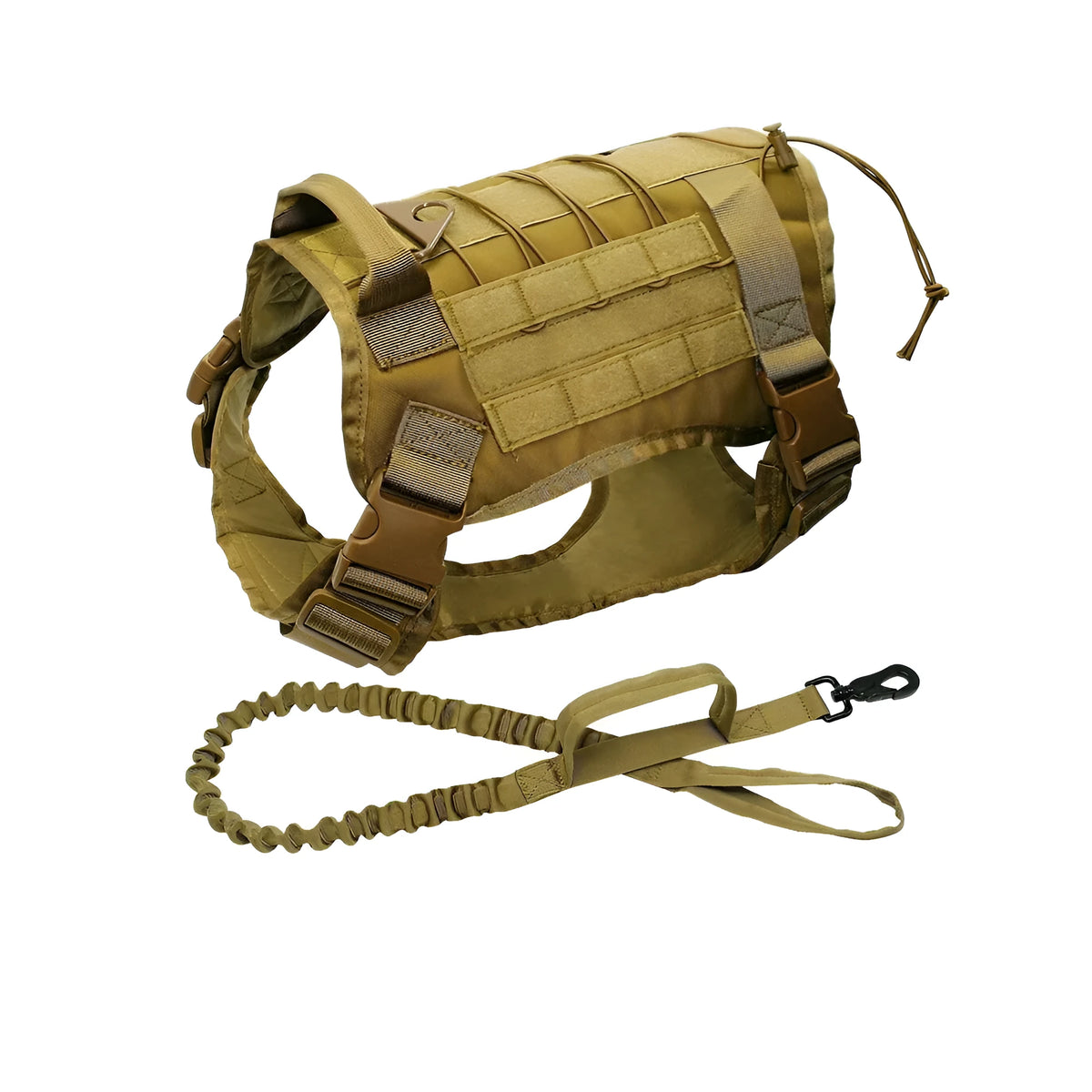 Tactical nylon dog vest with Molle webbing in khaki colour for large breeds
