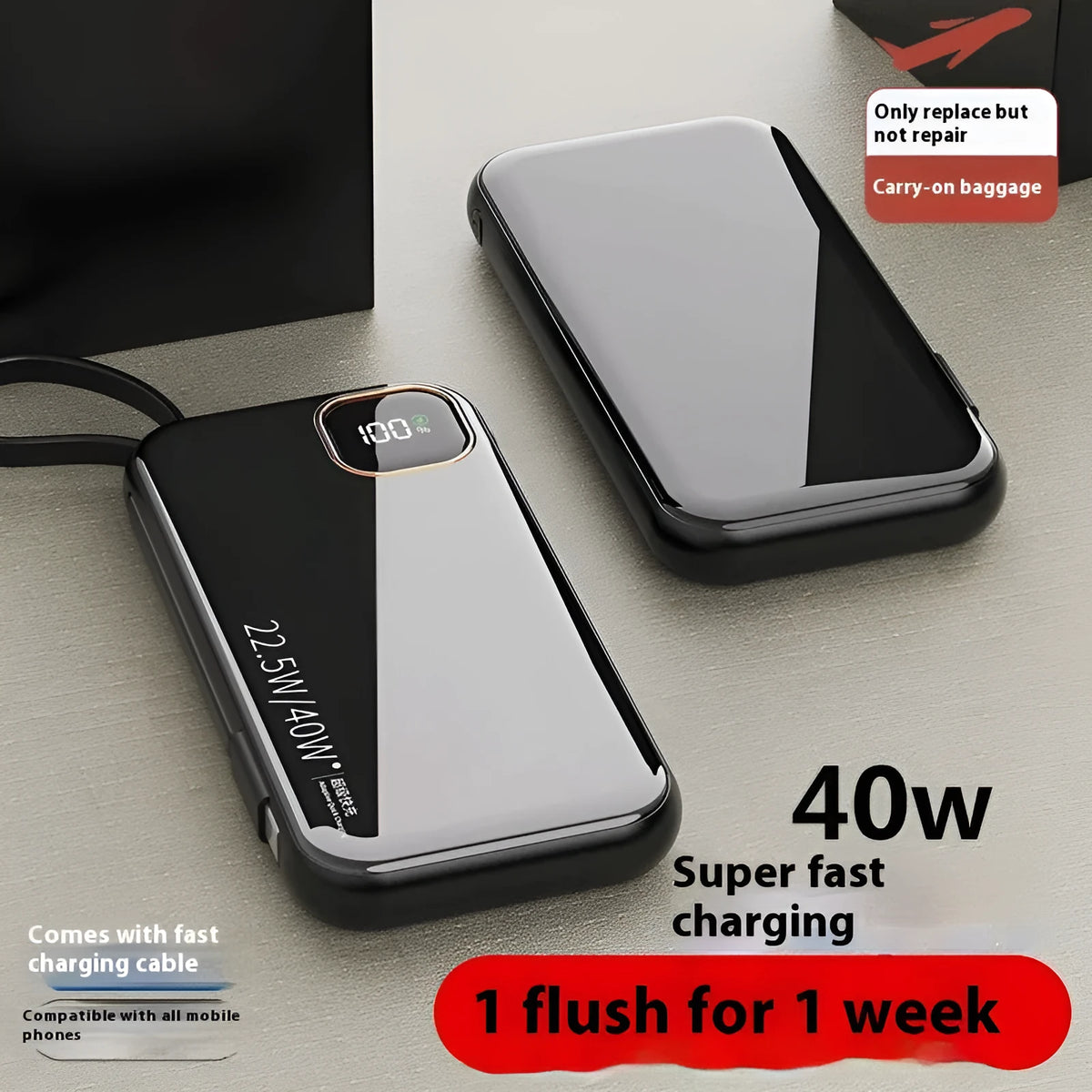Black portable power bank with integrated charging cable showing compact industrial design