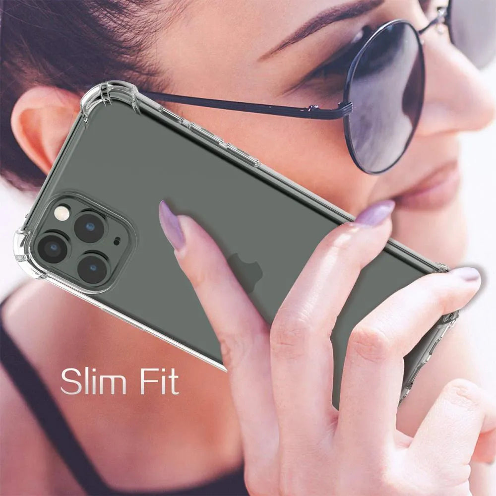 Transparent shockproof TPU phone case for Apple iPhone, shown on a table.