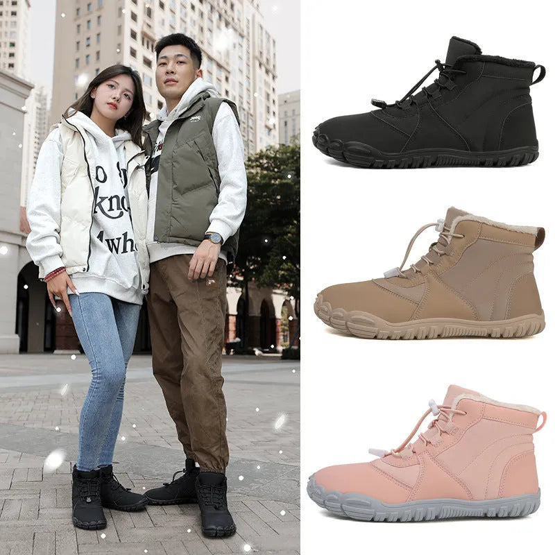 Black waterproof snow boots with fleece lining and a lace-up front on a rubber sole.