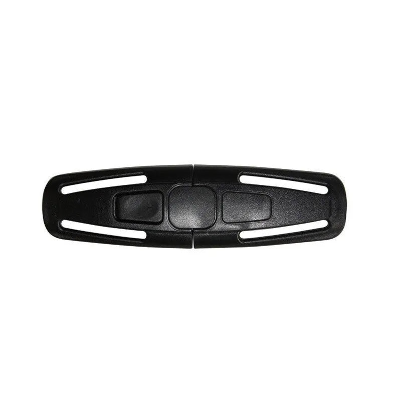 Black nylon seat belt buckle clip for child car seat 5-point harness, dimensions 14.5cm by 4cm