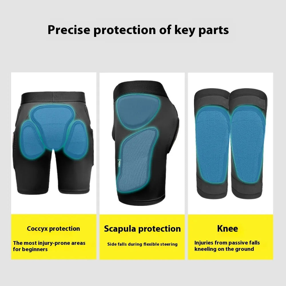 X-ray diffraction ski protective gear set showing hip pads and knee pads for winter sports impact protection