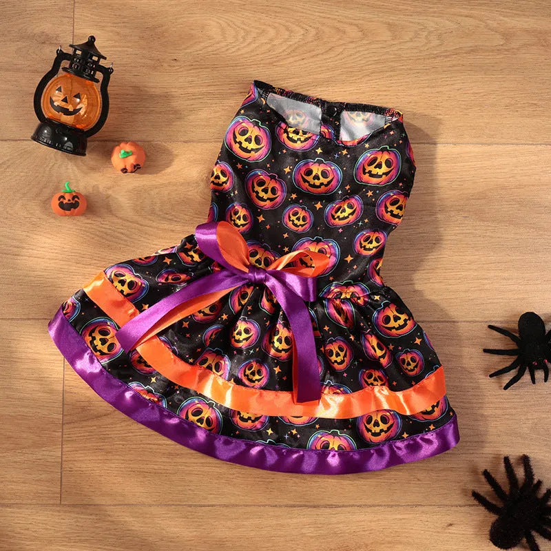 Double-layer dog Halloween skirt with colourful pumpkin or skull pattern
