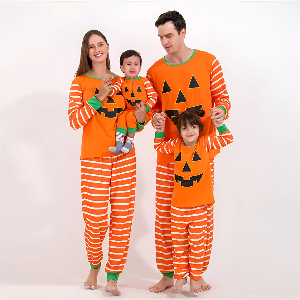 Orange cartoon print polyester family pajama set with top and trousers for Halloween
