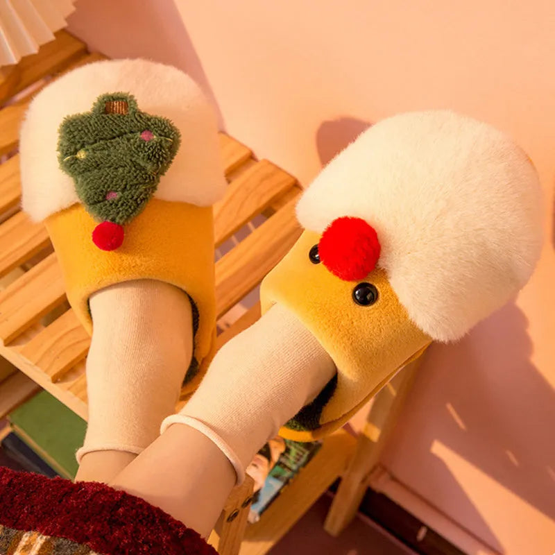Winter plush Christmas slippers for women with Santa Claus and Christmas tree design, PVC anti-slip sole and artificial wool insole