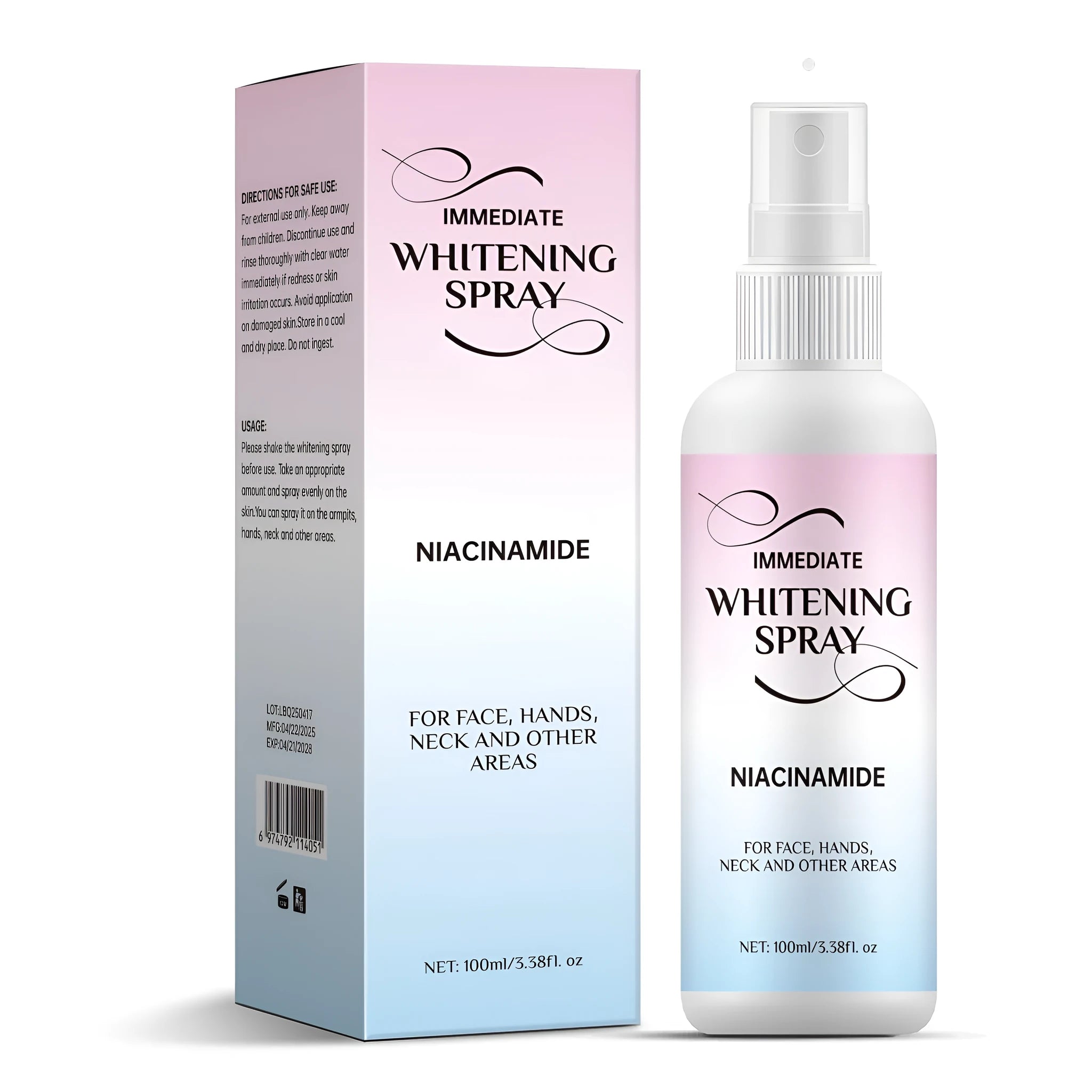 100ml whitening skin spray bottle with sweat-proof formula for face and body application