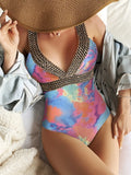Women's deep V-neck one-piece swimsuit with spaghetti straps in polyester fabric
