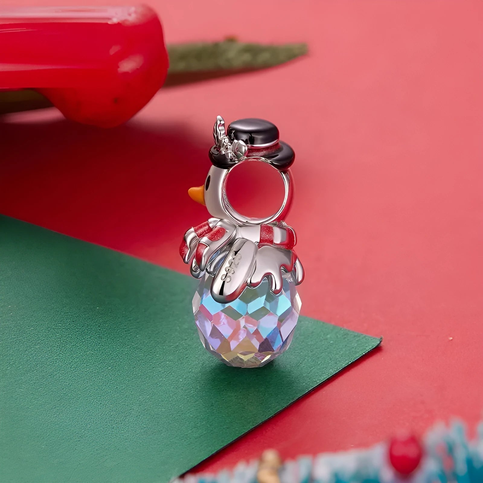 Christmas snowman S925 sterling silver bead with snowflake design on white background