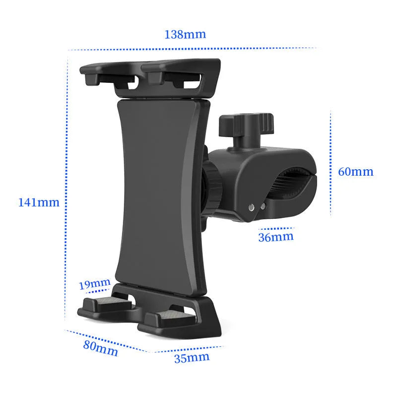 Black bicycle handlebar mobile phone mounting bracket with adjustable clamp for cycling and live streaming