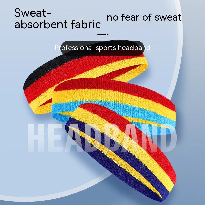 Three-colour elastic sports headband for adult athletic activities measuring 5.5cm by 20cm