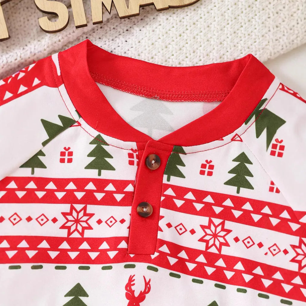 Red boys Christmas print suit two-piece polyester set with animal print top and trousers on white background