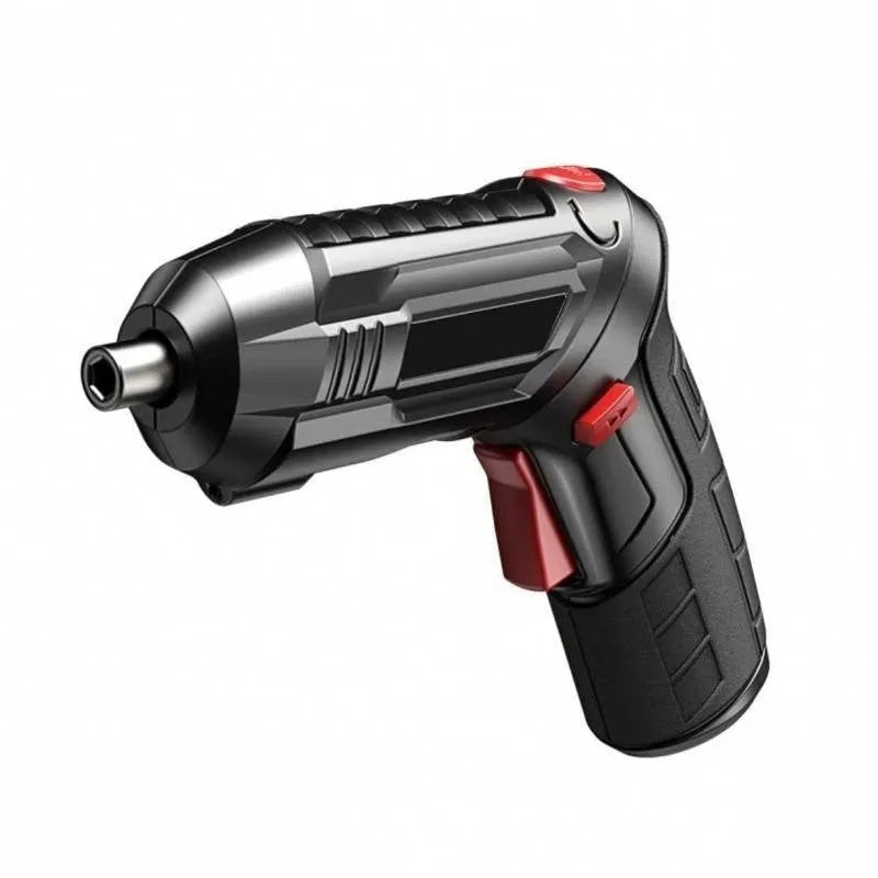 Cordless electric screwdriver tool with lithium battery, presented in a strong fabric utility bag.