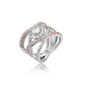 Women's geometric cross zircon engagement ring in copper with rose gold colour separation on display