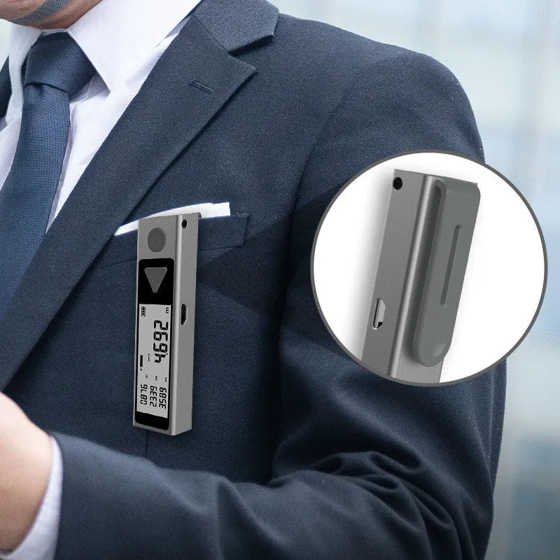 Mini Bluetooth infrared pen laser rangefinder with LCD screen, ABS plastic body, and Micro USB charging port